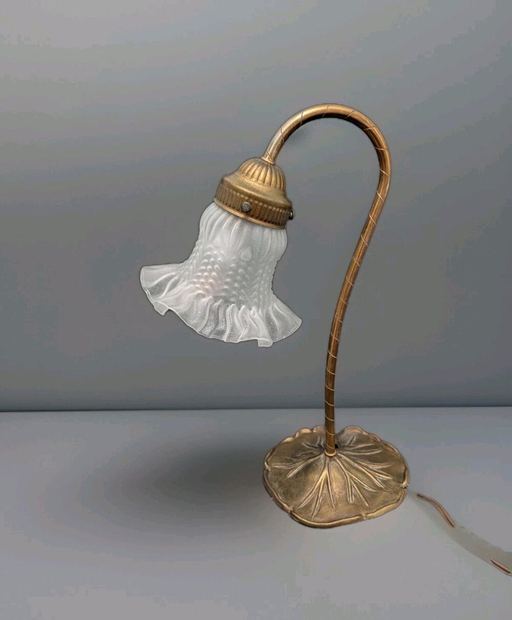 Lily Pad Bronze Color Lamp Vintage White Satin Glass 14.75" Tall